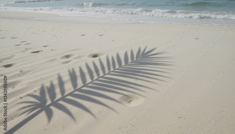 Serene Beach Scene Palm Leaf Shadow on White Sand Serene Beach Scene Palm Leaf Shadow on White Sand