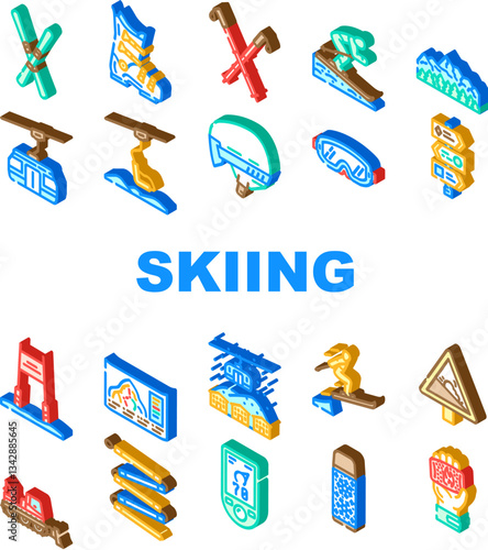 mountain winter skiing resort icons set vector