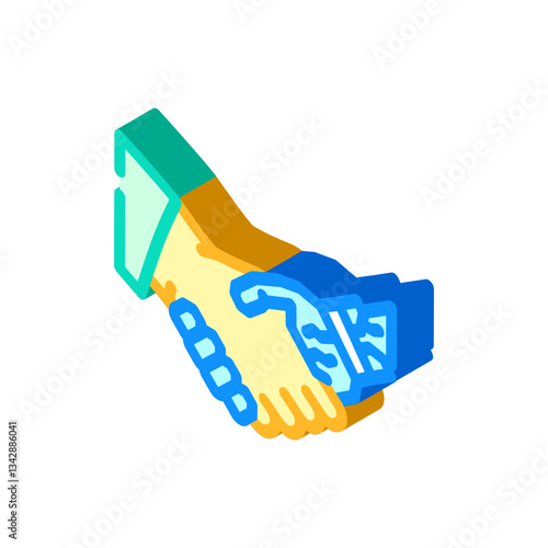 human and robot handshake ai integration isometric icon vector illustration