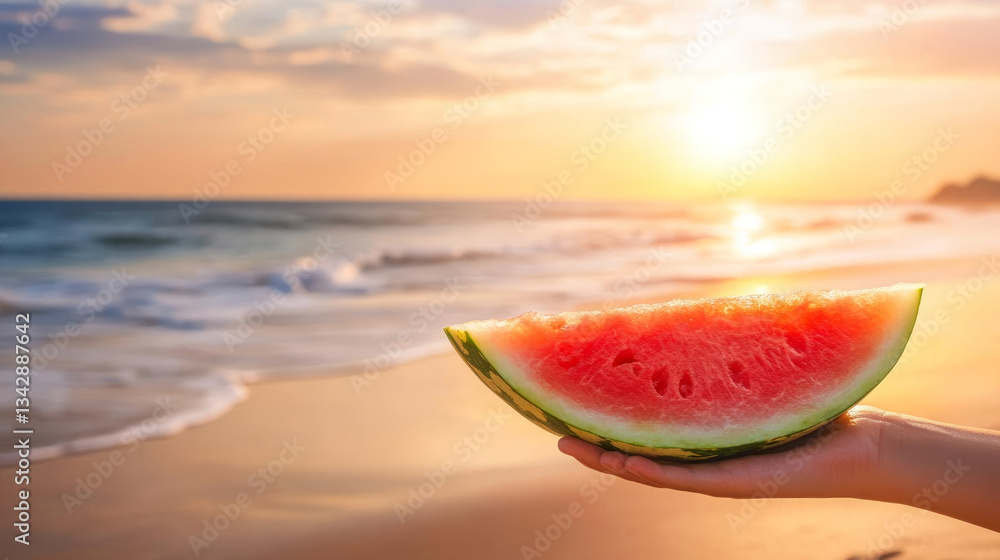 Fresh watermelon slice at sunset by beach evokes summer vibes and relaxation Fresh watermelon slice at sunset by beach evokes summer vibes and relaxation
