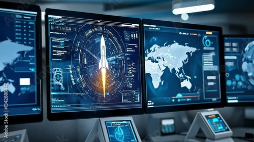 Mission control activated launching rocket trajectory visualization, illustrating space exploration, aerospace operations, flight monitoring, technology innovation and mission planning