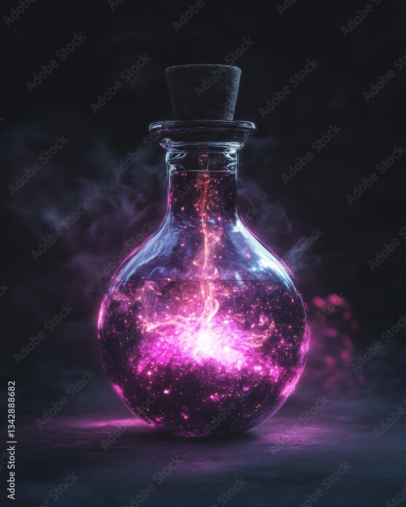 Glowing pink liquid inside a glass bottle emits purple and pink light surrounded by smoke against a dark background. Intriguing and mysterious Glowing pink liquid inside a glass bottle emits purple and pink light surrounded by smoke against a dark background. Intriguing and mysterious