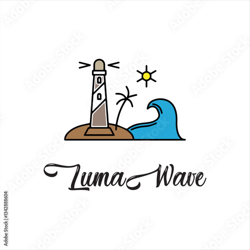 This artwork displays a lighthouse standing on a small island with a palm tree and ocean wave. The sun shines brightly above, creating a warm, coastal vibe.