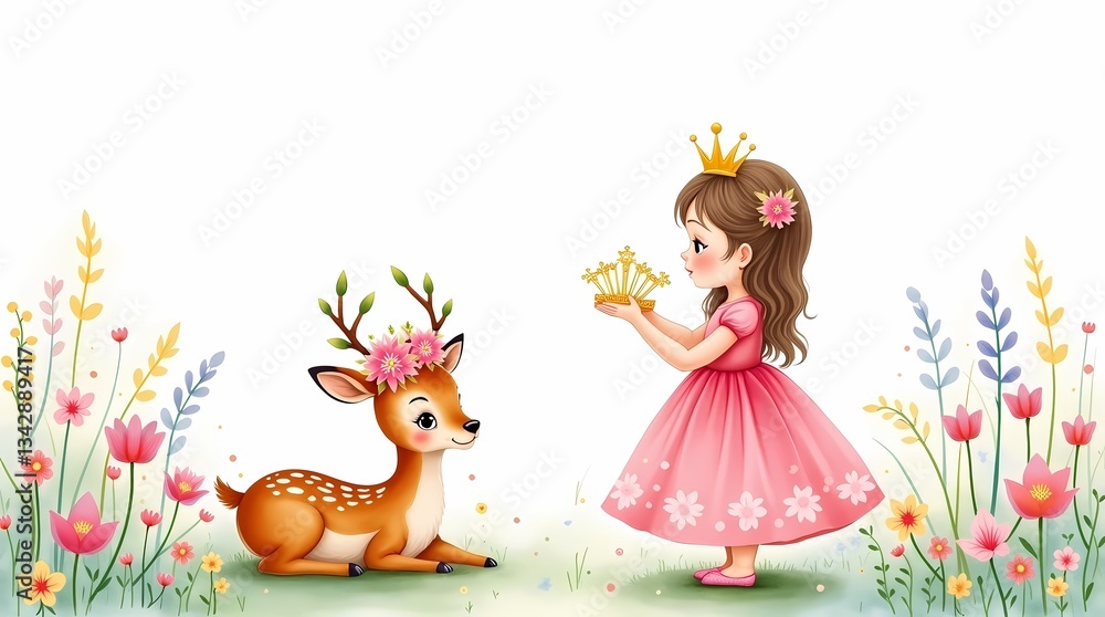 Fototapeta premium Girl in pink dress interacts with deer in a flower garden