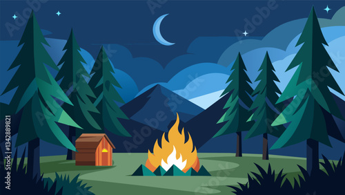 A remote forest retreat where the smell of pine needles and the gentle crackling of a campfire provide the perfect setting for creative writing.. Vector illustration