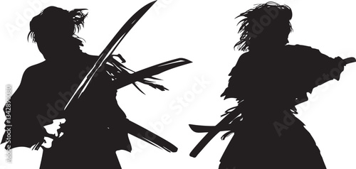 戦国時代斬りかかる若侍たちの殺陣決闘シーン切り絵風モノクロシルエットイラスト