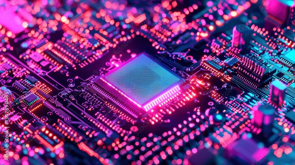 Obraz premium Colorful Circuit Board with Microchip and Dynamic Light Patterns