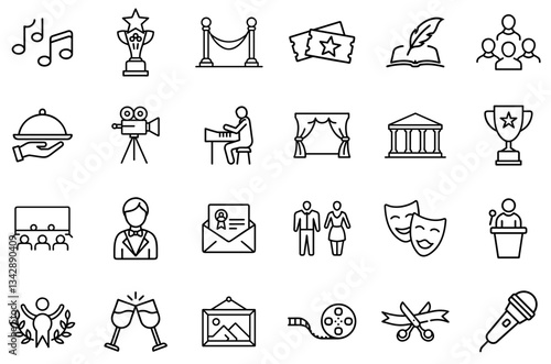 Entertainment, Awards, and Cultural Events Line Icons – Music, Cinema, Theater, Ceremony, Celebration, Red Carpet, Film Festival, Trophy, Performance, Literature, and Public Speaking Icon Set