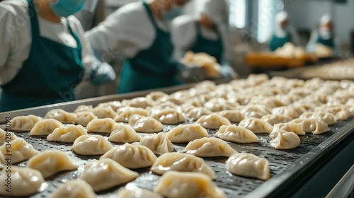 Rows of Gyoza on a Metal Tray in a Food Production Facility
