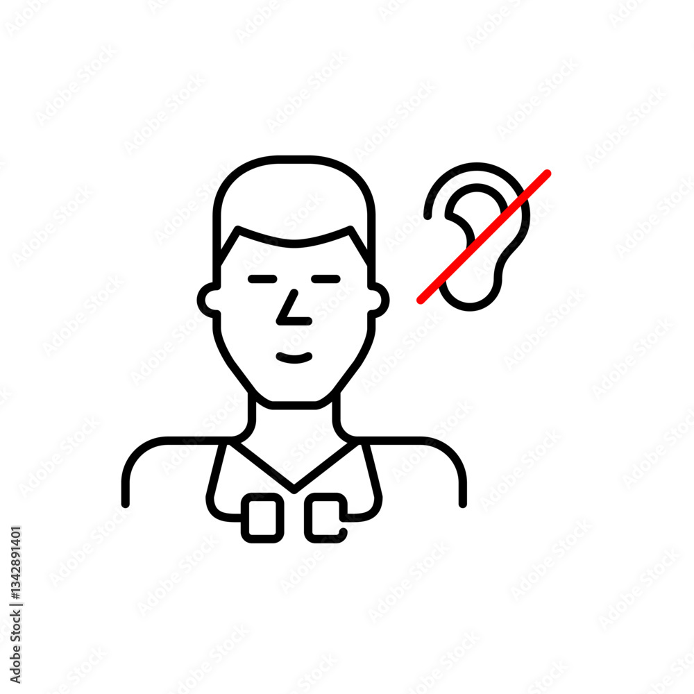 Doctor with stethoscope and ear crossed symbol. Quiet medical environment or a non-verbal consultation method. Health services designed for deaf or hard-of-hearing patients, such as sign language comm Doctor with stethoscope and ear crossed symbol. Quiet medical environment or a non-verbal consultation method. Health services designed for deaf or hard-of-hearing patients, such as sign language comm