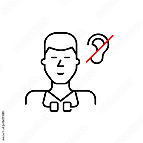 Doctor with stethoscope and ear crossed symbol. Quiet medical environment or a non-verbal consultation method. Health services designed for deaf or hard-of-hearing patients, such as sign language comm