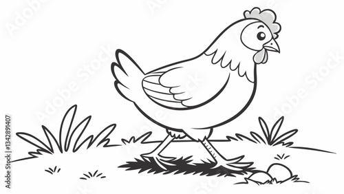 Charming Hen Walking in Grass Outline drawing vector illustration isolated on transparent background  outline images for kids