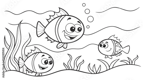Cartoon Fish Swimming  Outline drawing vector illustration isolated on transparent background  outline images for kids