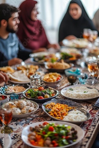 Friends sitting around a low table, plates of food spread out as they enjoy iftar. Soft music plays quietly in the background