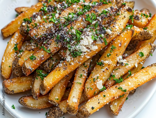 An aesthetic plate of gourmet french fries artfully topped with rich truffle oil and grated parmesan cheese