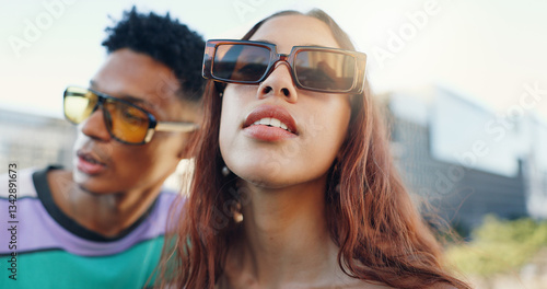 Canvastavla Sunglasses, trendy and couple in city with fashion in summer for urban, edgy and cool style together