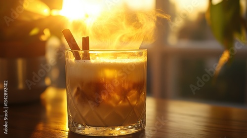 A refreshing glass of horchata, a creamy, spiced beverage, with cinnamon sticks swirling gently within, promising a cool escape on a warm day.