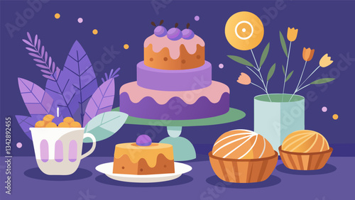 A variety of tea cakes from traditional pound cake to fragrant lavender and rosemary flavors.. Vector illustration