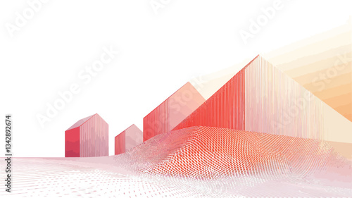 The image depicts a series of abstract, geometric house-like forms rendered in shades of orange, pink, and red.  The forms are presented in a gradient, with the color intensity increasing toward
