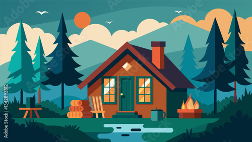 A cozy cabin in the woods where guests can spend their days reading journaling and participating in techfree activities like pottery and painting.. Vector illustration