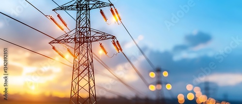 Powerful electricity transmission tower at sunset