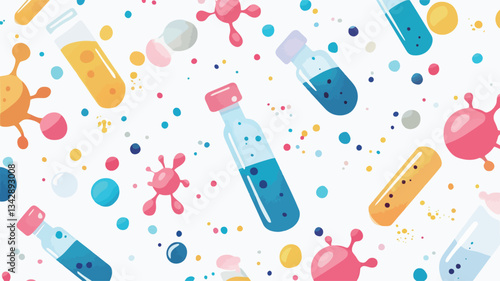 A repeating pattern featuring a white background with various colorful illustrations of test tubes, beakers, vials, and stylized representations of molecules or viruses.  The elements are rendered
