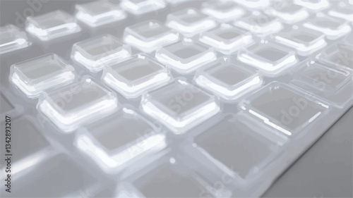 Close-up, high-angle view of a keyboard's surface.  The focus is on numerous square, translucent, white keys, which appear slightly illuminated from beneath. The keys are uniformly arranged in