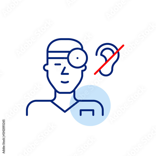 Doctor or nurse and ear crossed symbol. Audiologist, otolaryngologist treating hearing loss. Health services designed for deaf or hard-of-hearing patients, such as sign language communication. Pixel p