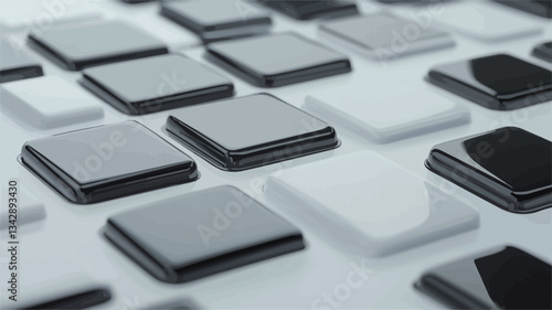 High-angle, close-up view of numerous small, square tiles arranged in a grid-like pattern.  The tiles are predominantly black, white, and various shades of gray.  They appear glossy or reflective,