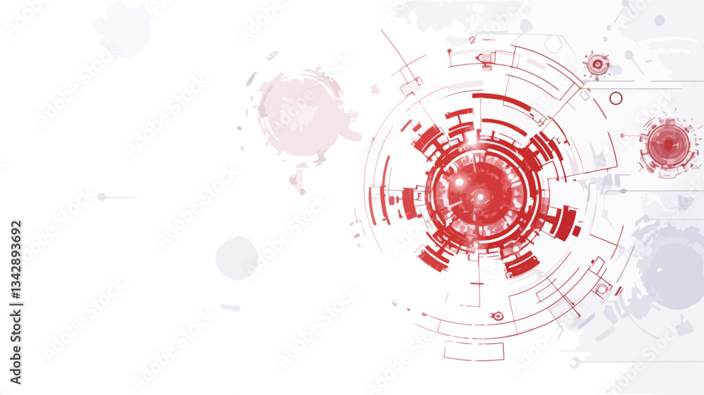 The image is a digital abstract graphic featuring a central red circular element surrounded by concentric circles and geometric shapes.  The background is predominantly white with subtle light red