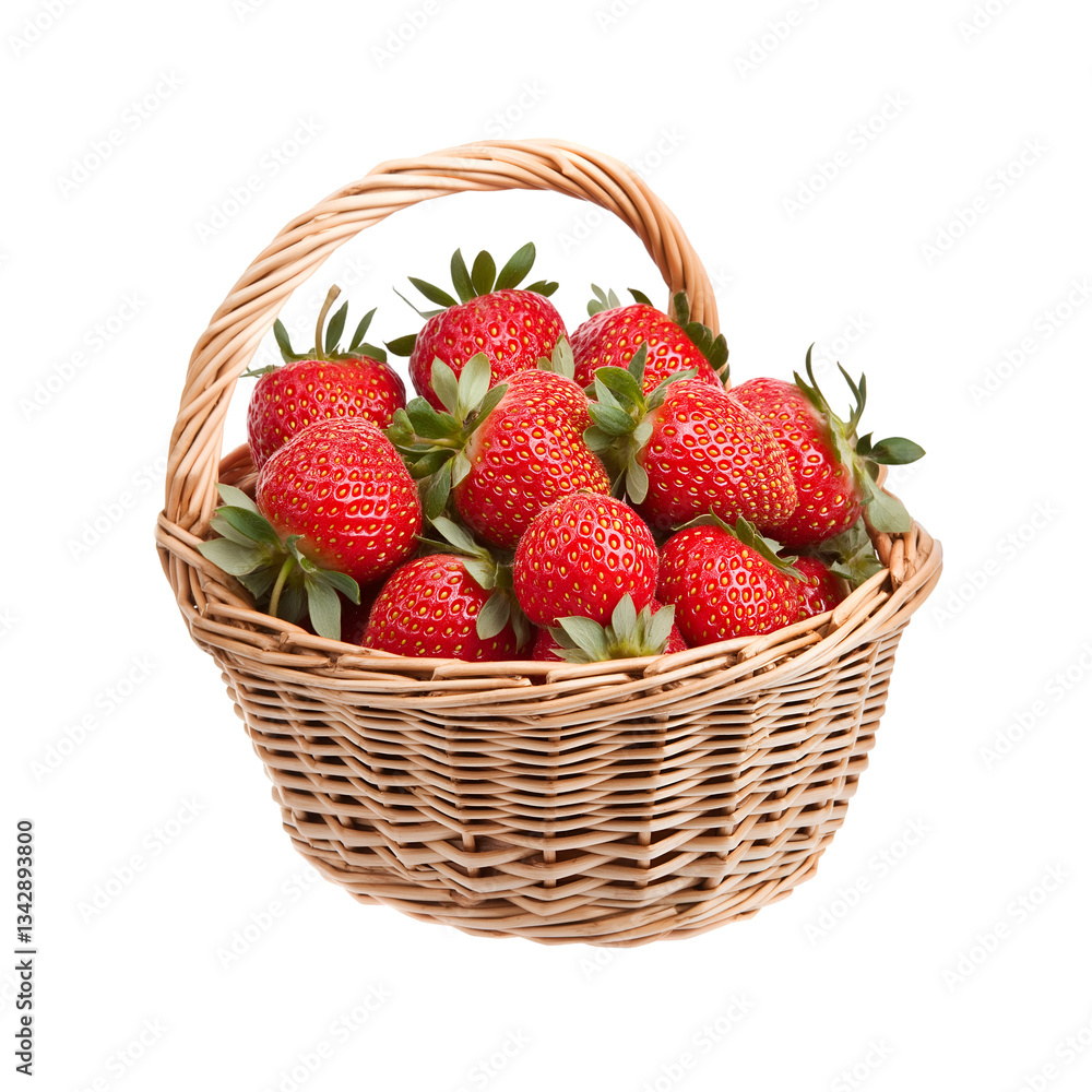 Fresh Strawberries Filling Wicker Basket Isolated on White or Transparent Background Fresh Strawberries Filling Wicker Basket Isolated on White or Transparent Background