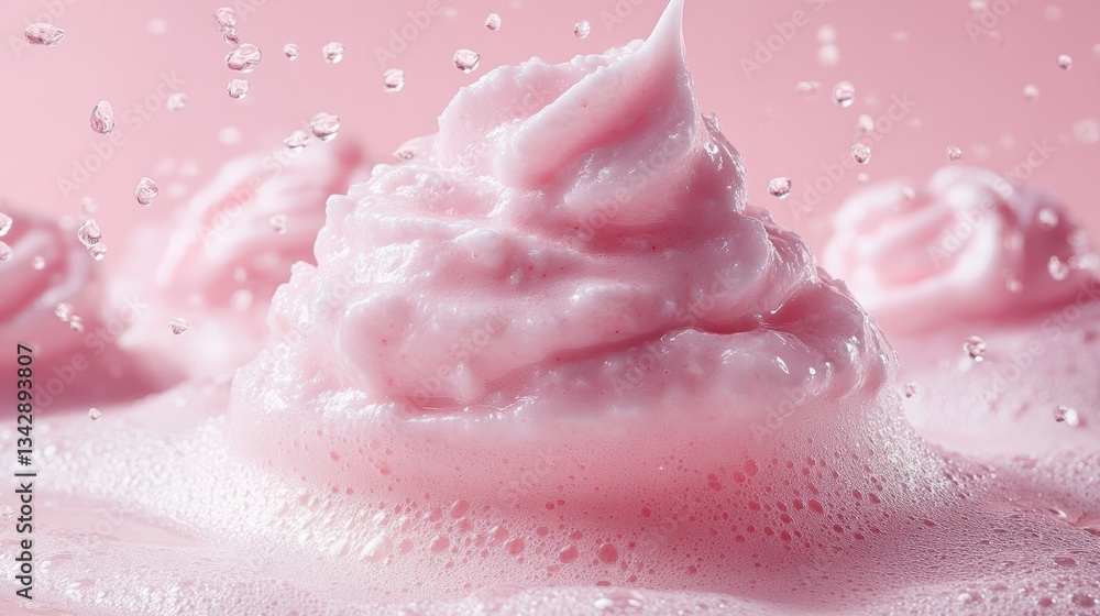 A generous dollop of foamy cleansing mousse, its delicate pink hue hinting at the gentle yet powerful cleaning experience within. A generous dollop of foamy cleansing mousse, its delicate pink hue hinting at the gentle yet powerful cleaning experience within.