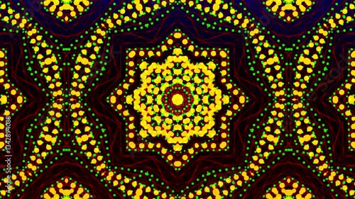 A kaleidoscope audio visualizer features vibrant, shifting patterns and colors