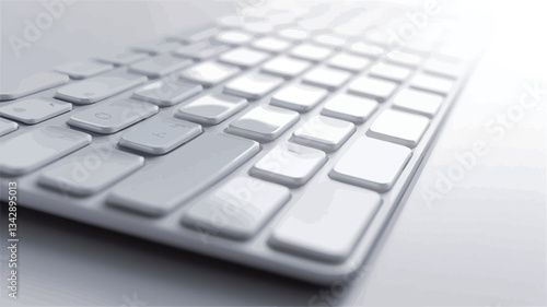 A close-up, high-angle perspective shot of a white wireless keyboard. The keyboard is positioned diagonally on a light grey background.  The keys are rectangular and appear smooth with a slight