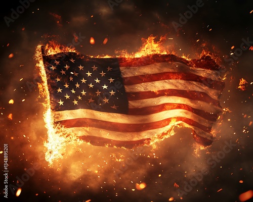 American Flag Burning in Flames with Flying Embers
