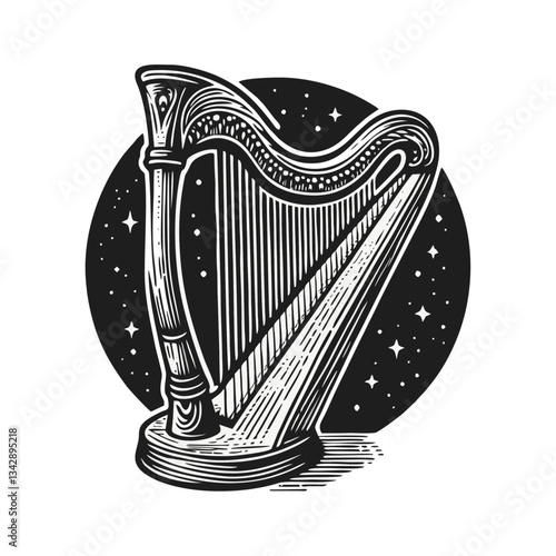 Harp vintage engrave logo icon design illustration
