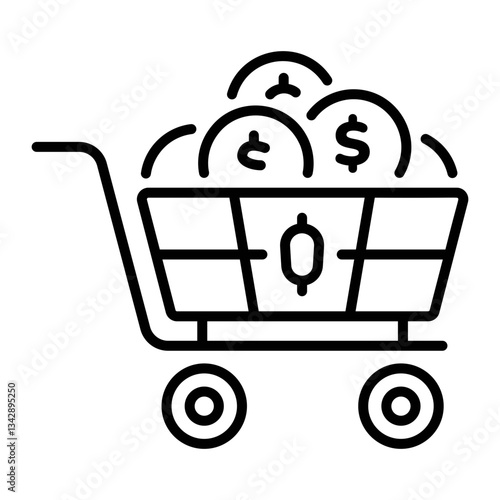 Coin cart filled with money, line style icon 