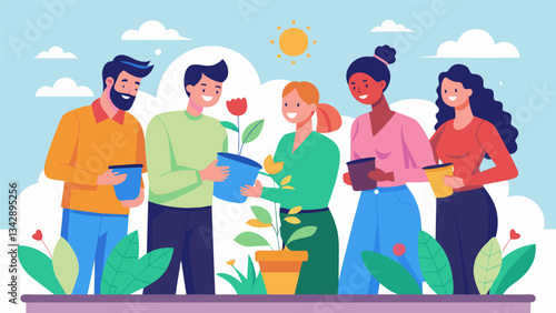 A group of coworkers bond over their shared love for gardening meeting after work to tend to their offices rooftop garden.. Vector illustration