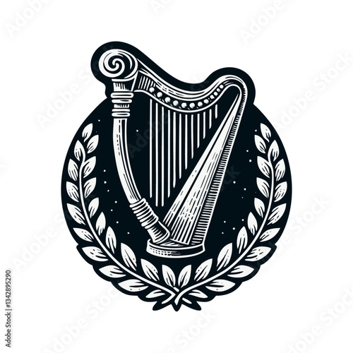 Harp vintage engrave logo icon design illustration