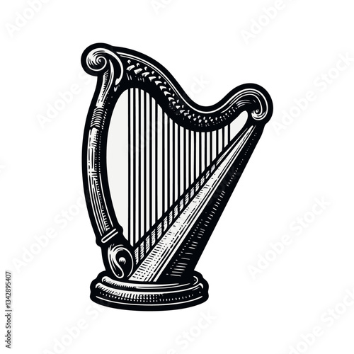 Harp vintage engrave logo icon design illustration