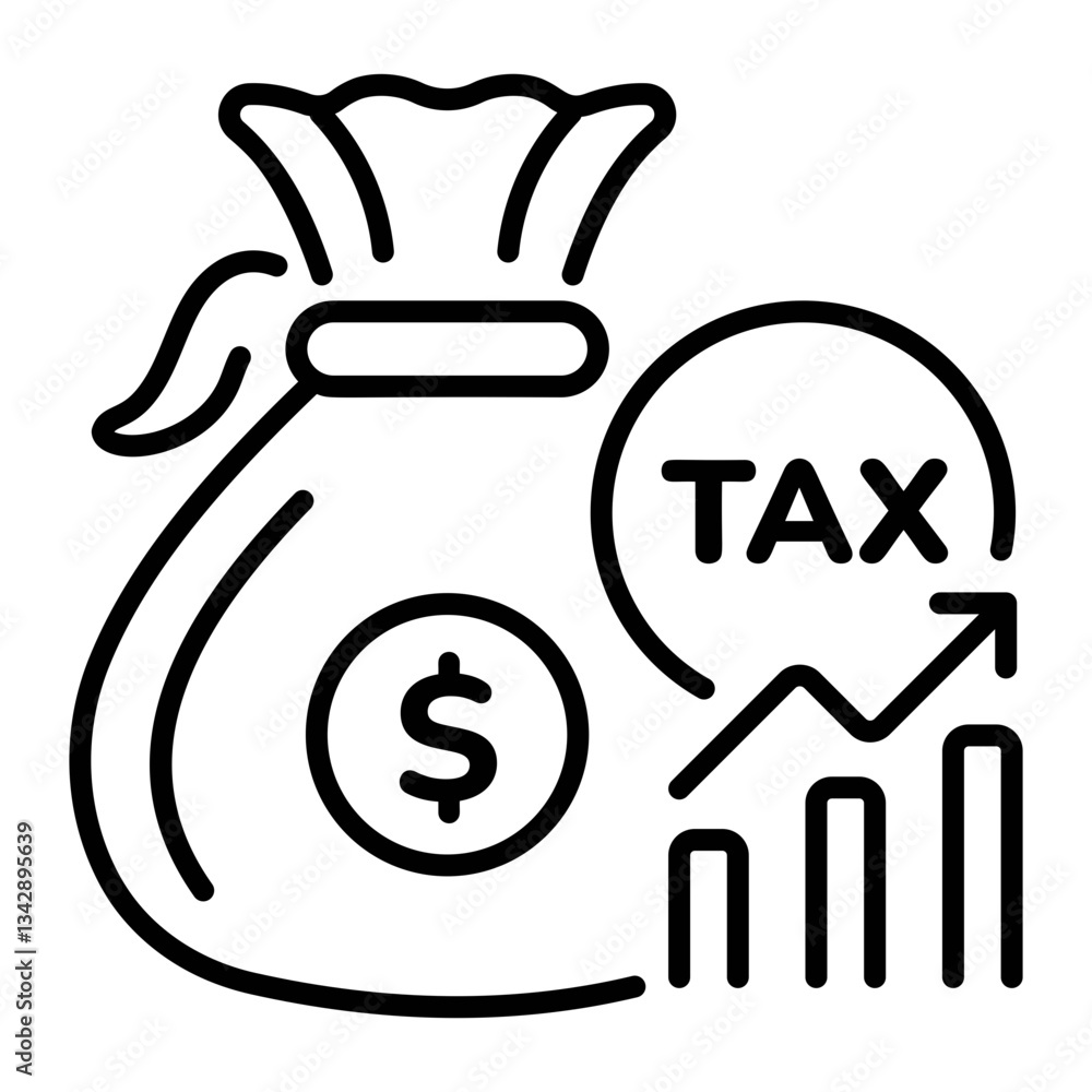 A line style icon of a money bag showing tax revenue A line style icon of a money bag showing tax revenue