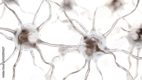 Microscopic close-up image showing several neurons interconnected, forming a neural network.  The neurons are depicted with visible cell bodies (somas) and numerous branching dendrites and axons.