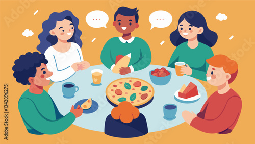 A group of friends sit in a circle mindfully passing around a dish of food and discussing their observations and reactions.. Vector illustration