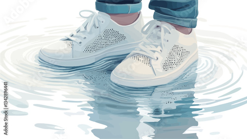 Close-up illustration of a pair of white canvas sneakers standing in a puddle of water.  The water creates concentric ripples around the shoes. The reflection of the shoes is visible in the water.