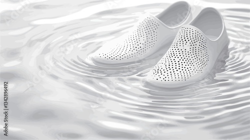 Close-up shot of a pair of white knit slip-on shoes partially submerged in water. The shoes exhibit a textured knit pattern. The water displays subtle concentric ripples around the shoes. The