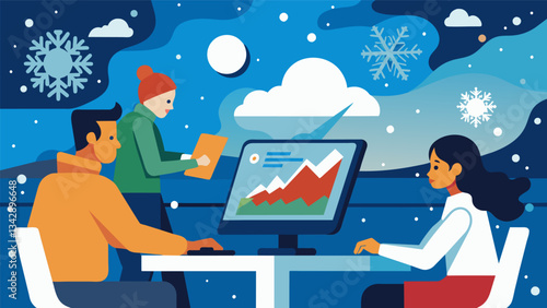 As a major blizzard descends upon the city meteorologists pore over their dynamic weather models making crucial updates and predictions to help citizens prepare and stay safe.. Vector illustration