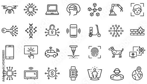 Technology and Future Innovation Line Icons – AI, Robotics, Blockchain, Cybersecurity, Smart Devices, Augmented Reality, IoT, Automation, Biotech, Digital Identity, and Smart Mobility Icon Set