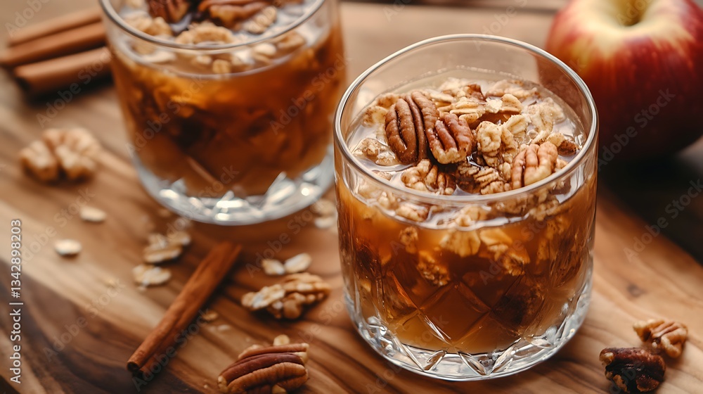 A mix of pecans cinnamon sugar oats rum and apple cider A mix of pecans cinnamon sugar oats rum and apple cider