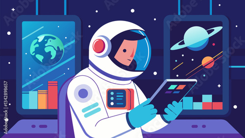 An astronaut alone in their living quarters engrossed in a tablet displaying data collected during their mission eagerly anticipating new discoveries to come.. Vector illustration
