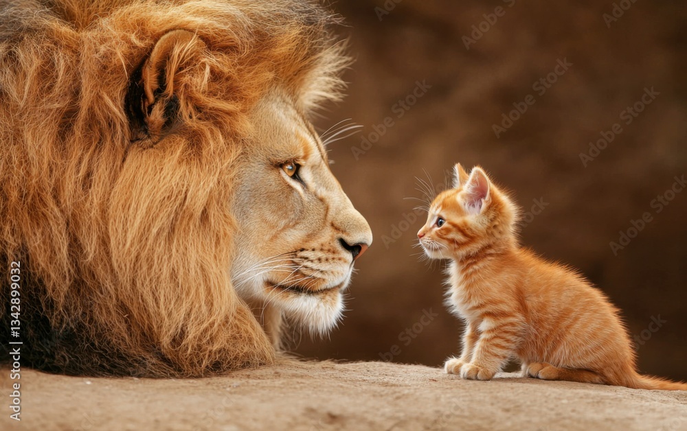 Fototapeta premium Lion and kitten encounter wildlife sanctuary animal portrait natural habitat close-up bonding moment